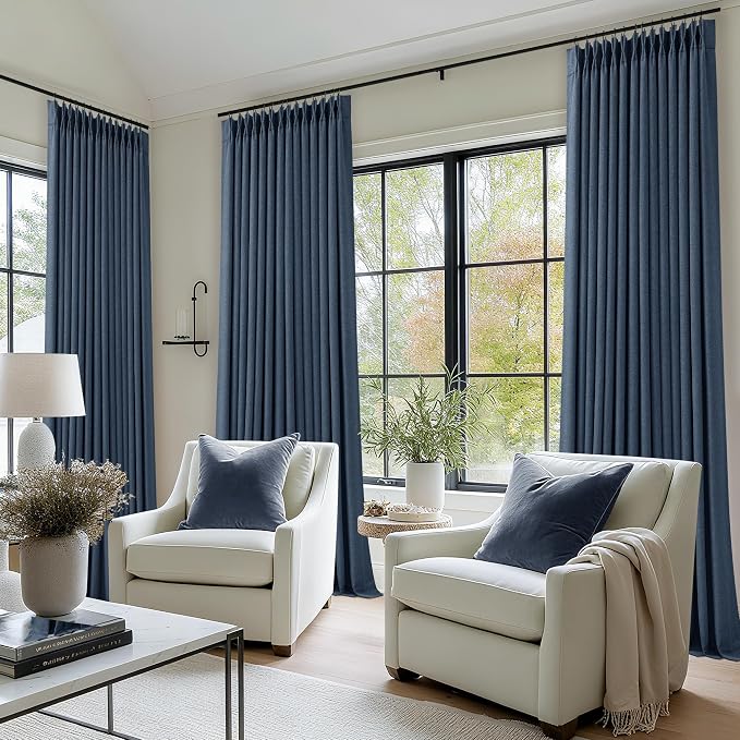 Navy Blue 84 Inch Pinch Pleated Blackout Textured Linen Curtains 2 Panels | - Image 7