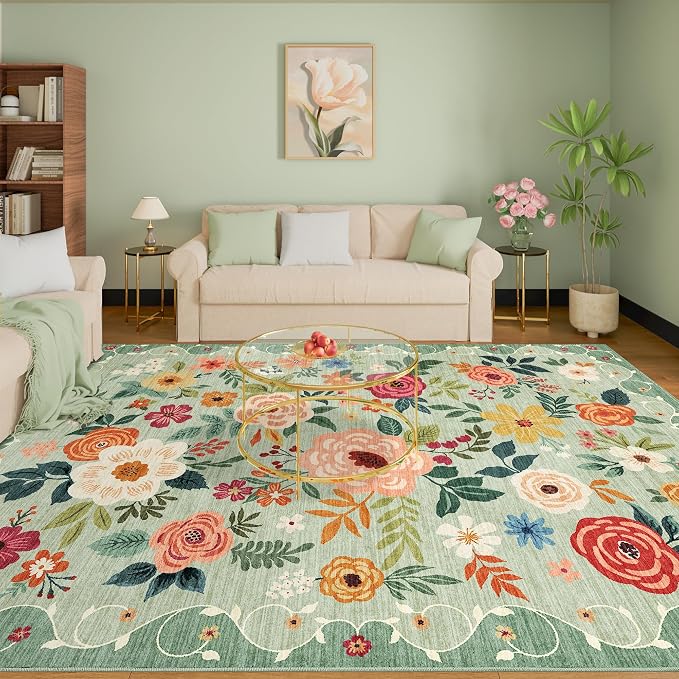 DUKINO 9x12 Area Rug for Living Room, Floral Washable Rug Non Slip, Low Pile - Image 6
