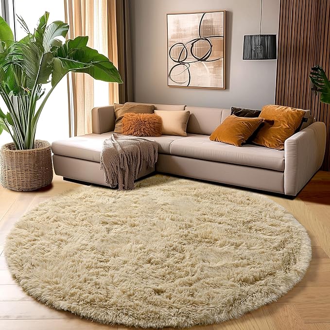 Amdrebio Beige Boho Round Fuzzy Area Rug 5Ft - Image 3