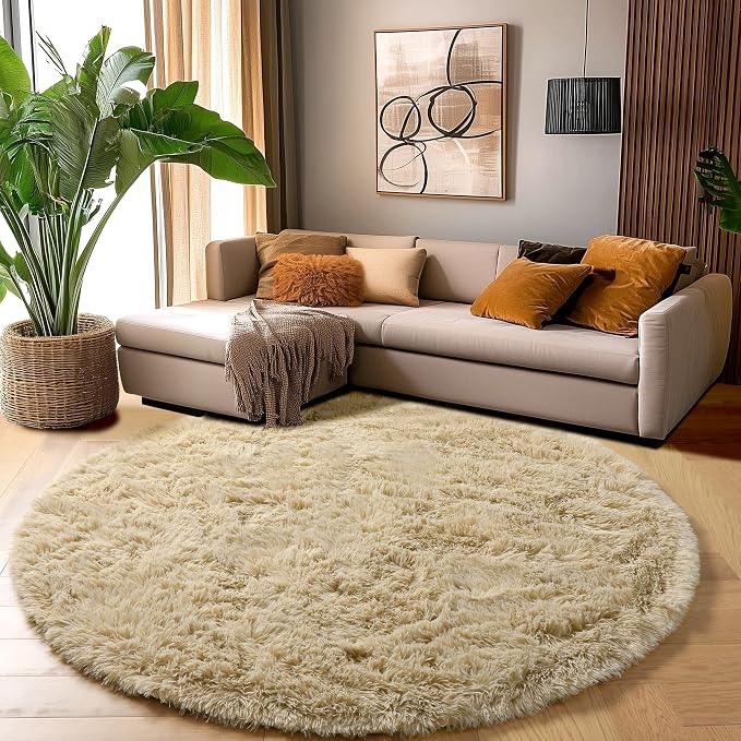 Amdrebio Beige Boho Round Circle Fluffy Area Rug 4Ft - Image 5