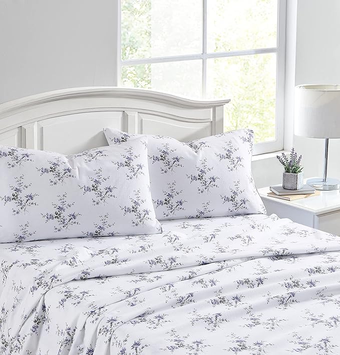 Laura Ashley - Flannel Sheets Full Size, Anti-Pilling & Wrinkle Resistant Cotton, Touchably Soft for All-Season Comfort - Bed Sheets with Matching Pillowcases & Fitted Sheet (Jessika Lavender)