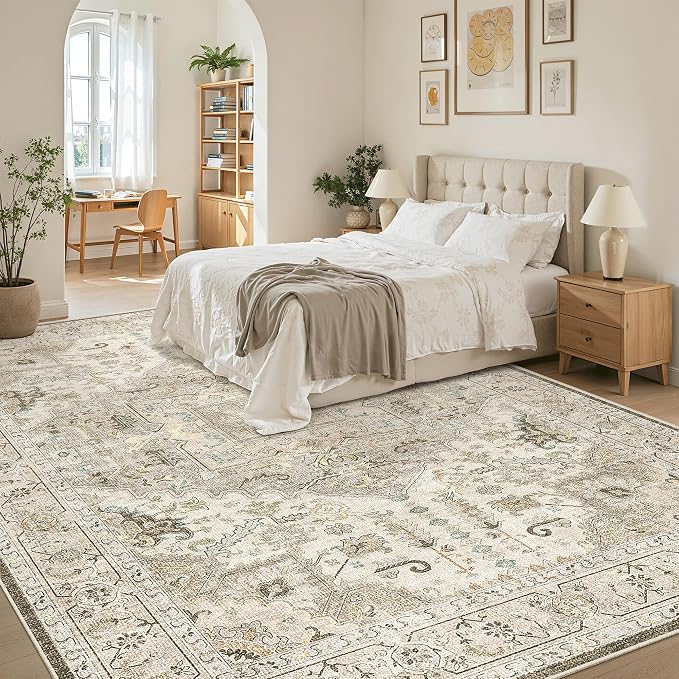 Madane 8x10 Area Rugs for Living Room, Non-Slip Washable Rug, Ivory/Brown | - Image 3