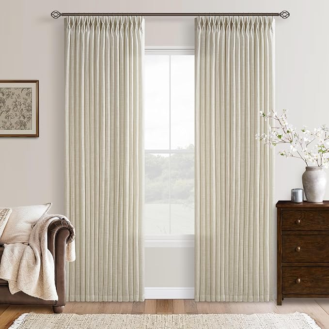 Farmhouse Linen Pinch Pleat Sand Beige Semi Sheer Curtains 105 Inches Long | by Twodrapes