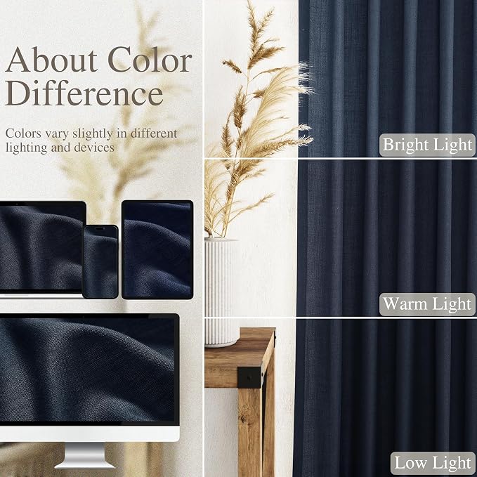 Navy Blue Linen Curtains 63 Inches Length 2 Panels Set - Image 4