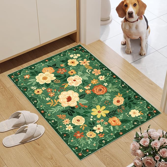 DUKINO 2x3 Entryway Rug, Door Mat Soft Washable Rug Non Slip, Dark Green | Low - Image 3