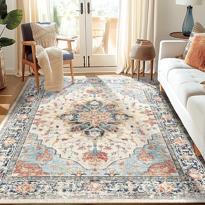 RELEANY Washable Area Rug, Water Repellent, Pet Friendly, Vintage Floral Boho by RELEANY