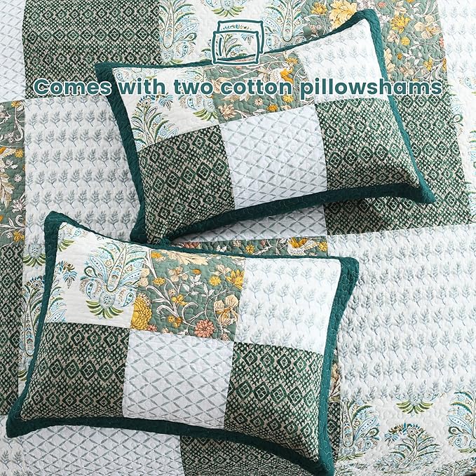 Secgo King Size Comforter Set- 100% Cotton Quilt King Size Set, Green, Emerald, bedspreads (98 * 106 Inch) with 2 Pillow Shams, Patchwork Reversible Lightweight Bedding