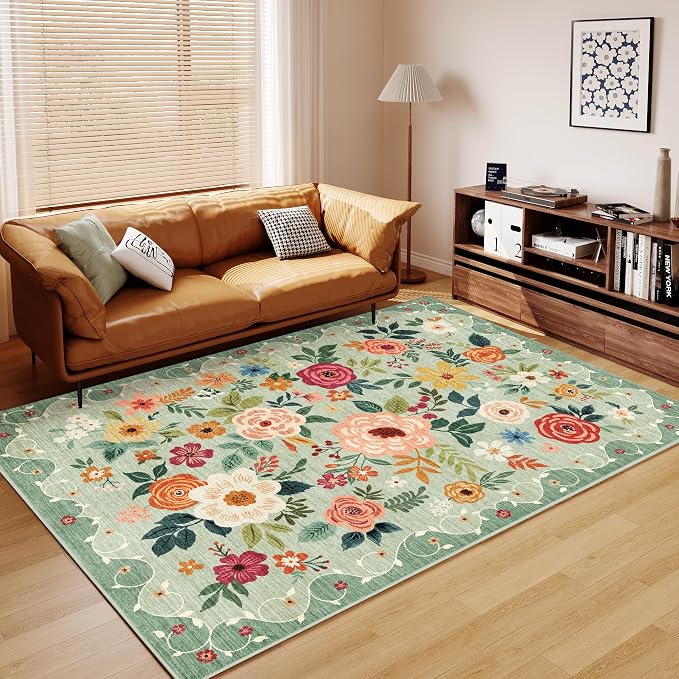 DUKINO 9x12 Area Rug for Living Room, Floral Washable Rug Non Slip, Low Pile - Image 8