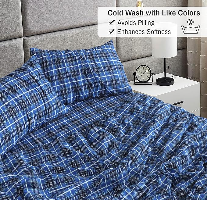 RUVANTI Flannel Sheets Queen Size - 100% Cotton Double Brushed Bed Sheets, Deep Pockets 16 Inches Queen Sheet Set, All Seasons Breathable & Extra Soft - Warm & Cozy, 4 Piece, Blue Plaid
