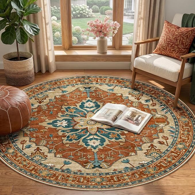 RELEANY Washable Area Rug, Round 4ft, Water Repellent, Pet Friendly, Vintage - Image 2