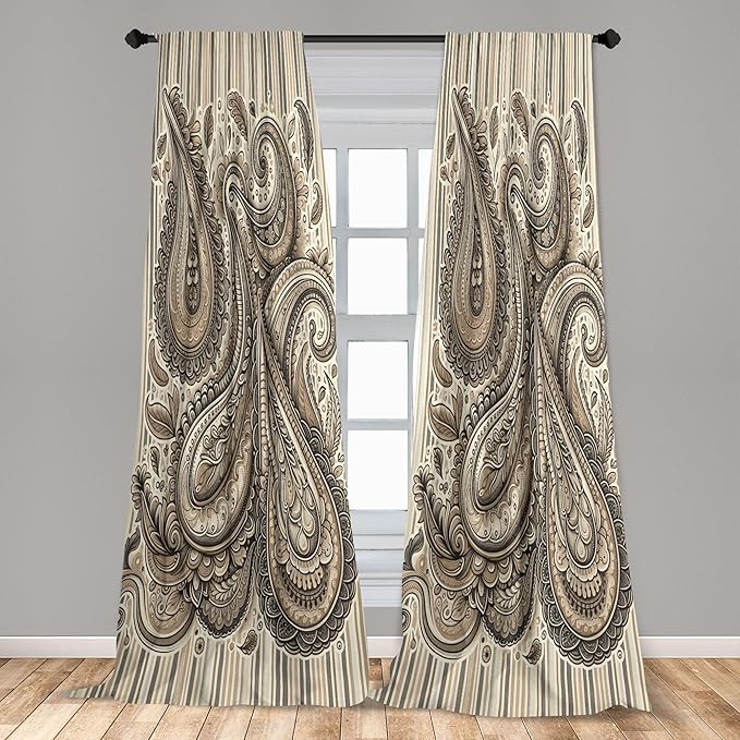 Ambesonne Paisley Window Curtains Pack of 2, Delicate Bohemian Leafy Motives on Stripes in Neutral Muted Colors, Lightweight Set with Rod Pocket, 4 Panels of - 28" x 84", Warm Taupe Ivory and Sepia