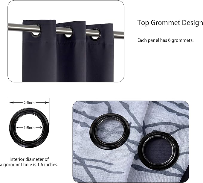 BONZER Mix and Match Curtains - 2 Pieces Branch Print Sheer Curtains and 2 Pieces Blackout Curtains for Bedroom Living Room Grommet Window Drapes, 37x63 Inch/Panel, Grey Dark, Set of 4 Panels