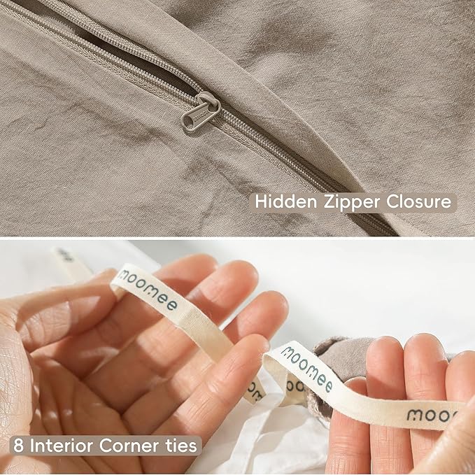 MooMee Bedding Duvet Cover Set 100% Washed Cotton Linen Like Textured Breathable Durable Soft Comfy (Heathered Taupe, Super Queen 90"x98")
