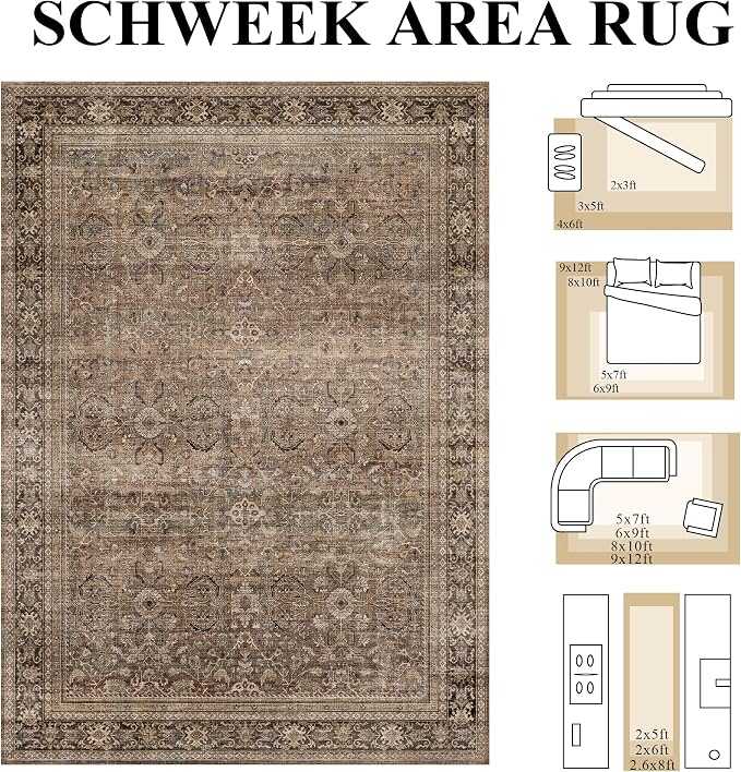 Schweek 3x5 Brown Area Rug Washable Non Slip Vintage Rugs - Image 2