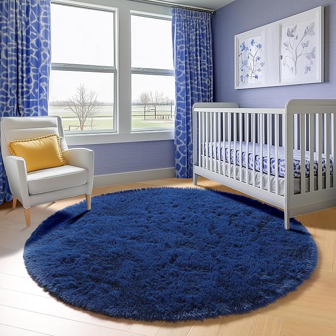 Navy Blue Round Rug 4ft, Fluffy Soft Circle Area Rugs - Image 7
