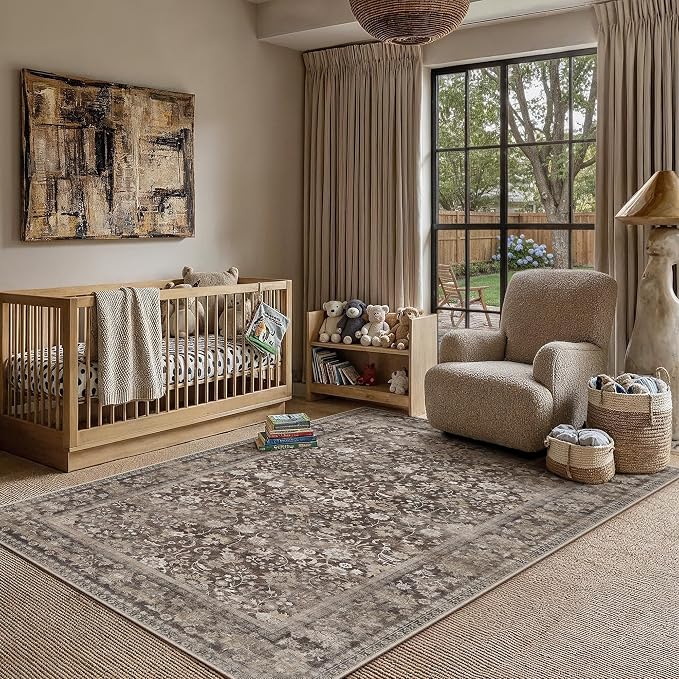 3x5 Coffee Brown Vintage Floral Washable Area Rug - Image 2