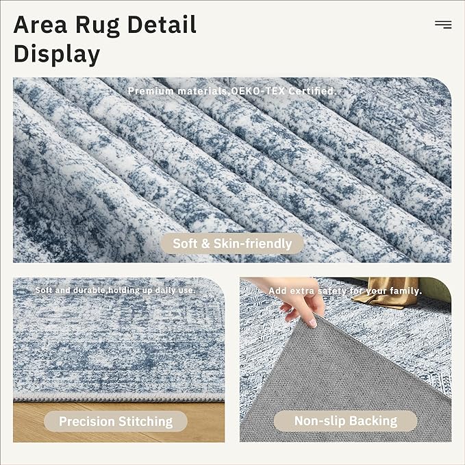 Soalmost 6x9 Area Rug for Living Room Washable Rugs Non-Slip Blue | Low-Pile - Image 5