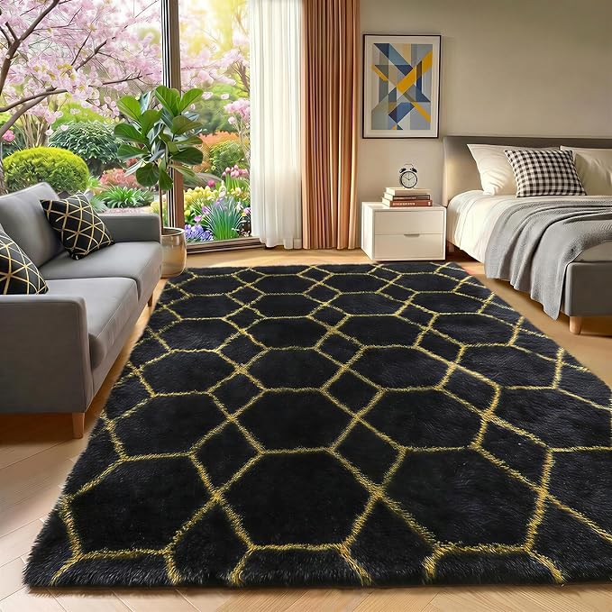 Area Rugs for Bedroom Living Room, 4x6 Fluffy Black and Gold Geometric Rug | - Image 6