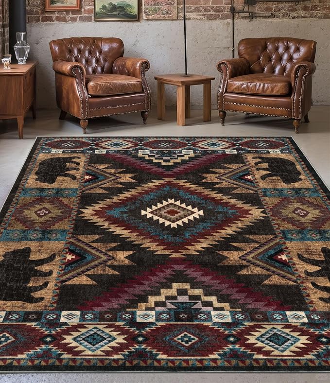 Rustic Cabin Area Rug for Bedroom 5x7, Machine Washable Lodge Bear Rug - Image 3