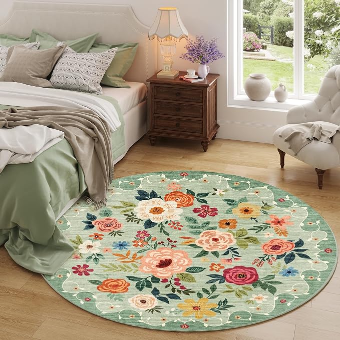 DUKINO 4ft Round Rug, Floral Washable Small Round Area Rug Non Slip, Low Pile - Image 3