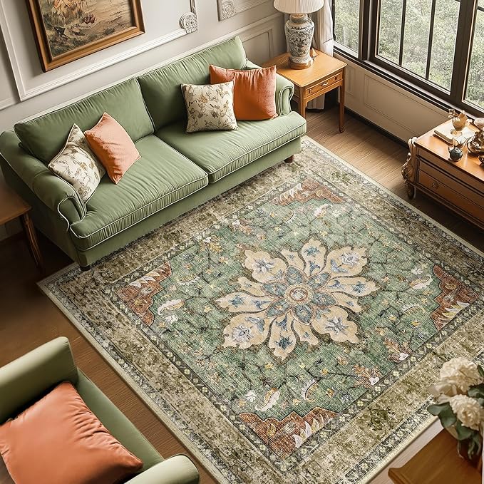 RELEANY Washable Area Rug, Square 8'x8', Brick/Brown/Green | Non-Slip, Water - Image 2
