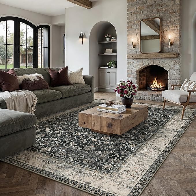 9x12 Black Beige Vintage Floral Washable Area Rug - Image 3