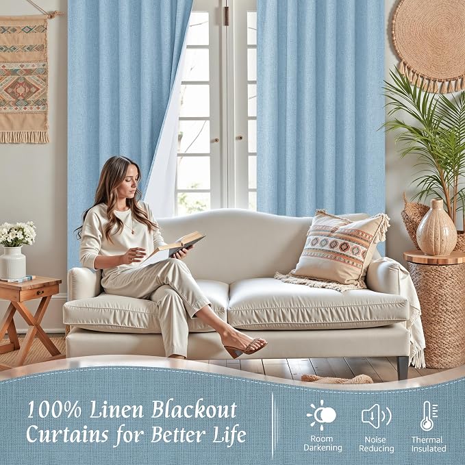 45 Inch Stone Blue 100% Blackout Linen Window Curtains - Image 2