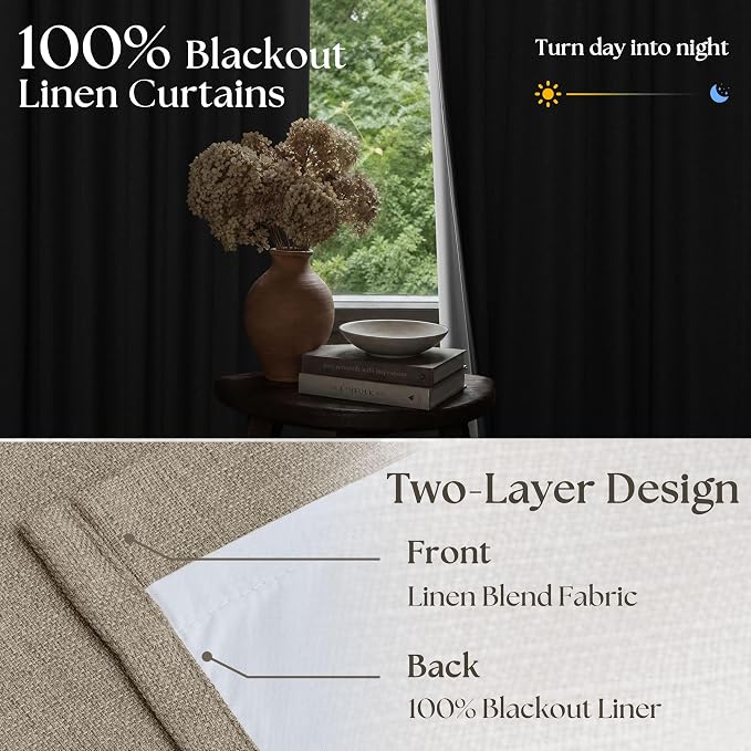 Deep Flax Greige Pinch Pleated 100% Blackout Linen Curtains 90 Inch Length | - Image 3