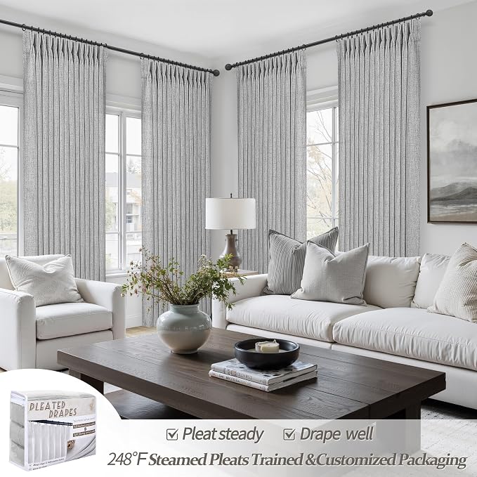Light Grey Pinch Pleated Semi Sheer Curtains 92 Inches Long 2 Panels Set - Image 5
