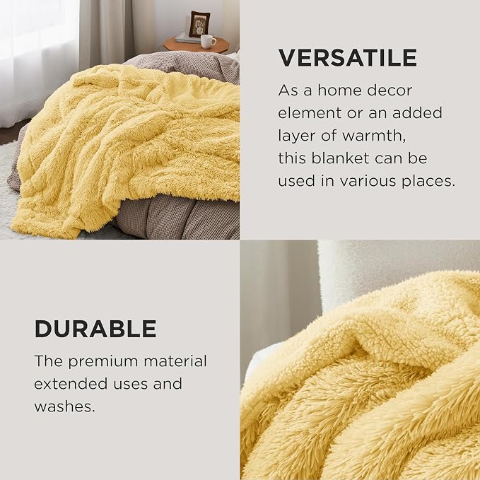 Bedsure GentleSoft Fuzzy Sherpa Faux Fur Twin Blanket Yellow Cozy Gifts - Image 4