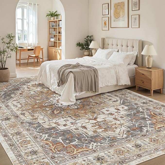 Madane 8x10 Area Rugs for Living Room, Non-Slip Washable Rug, Turmeric/Grey | - Image 3