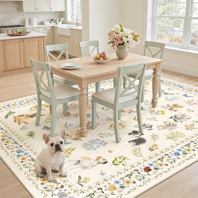 Soalmost Dog 5x7 Area Rugs for Living Room, Washable Animal Soft Rug Beige | - Image 4