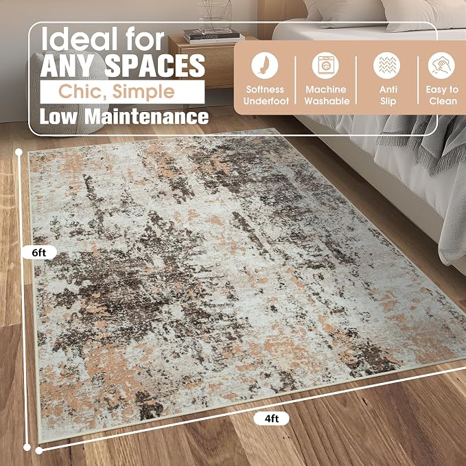 4x6 Area Rugs for Living Room Washable Bedroom Dining Room Brown Beige | Modern - Image 2