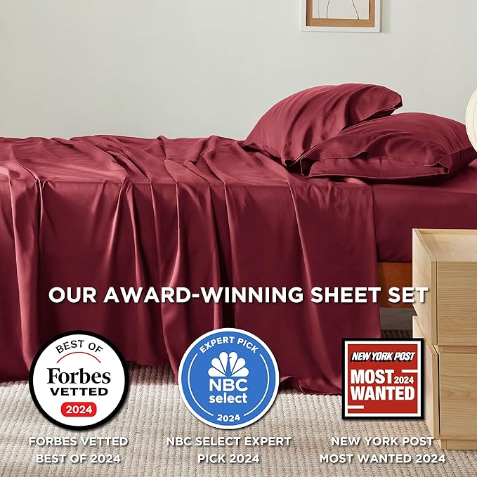 Bedsure Full Size Bed Sheets, Cooling Sheets, Rayon Derived from Bamboo, Breathable & Soft, Deep Pocket Up to 16 Inches, Hotel Luxury Silky Bedding for Hot Sleepers, Burgundy