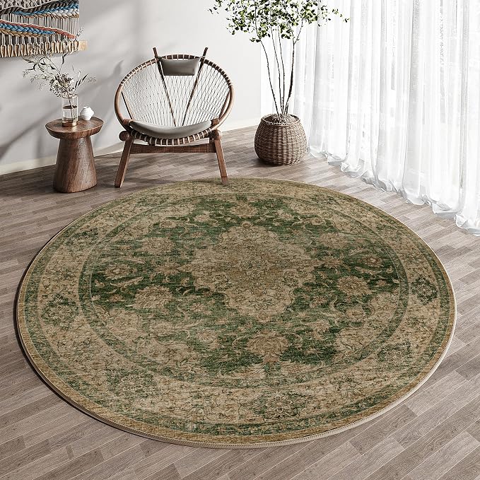 5ft Round Green Retro Floral Washable Rug by HUGEAR