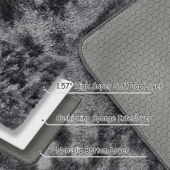 Tie-Dyed Runner Rug for Bedroom Black Grey 2x8ft Fluffy Area Rug Bedside Runner - Image 3