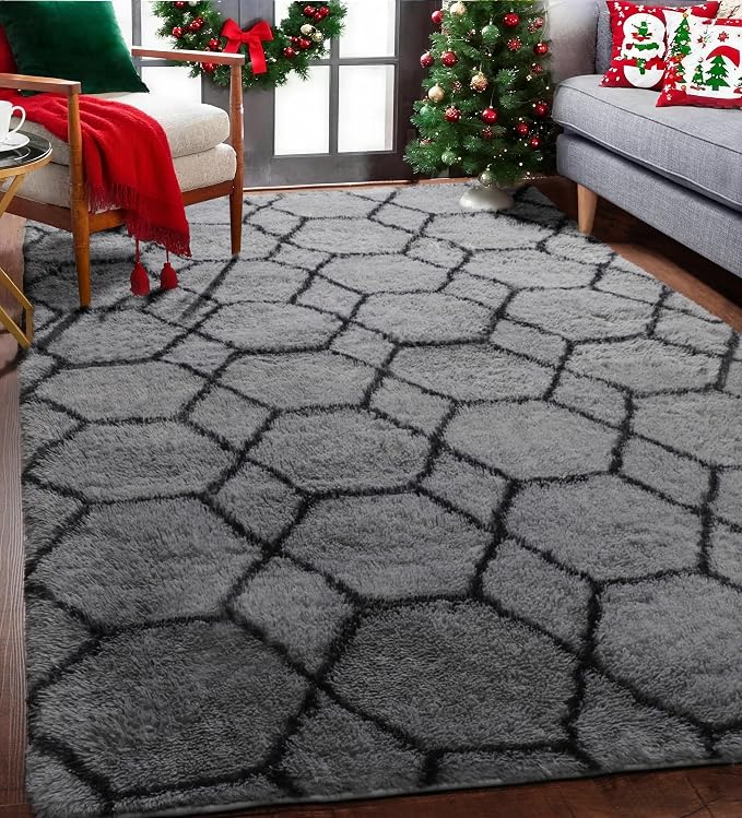 Area Rugs for Bedroom Living Room, 4x6 Fluffy Grey and Black Geometric Rug | - Image 8