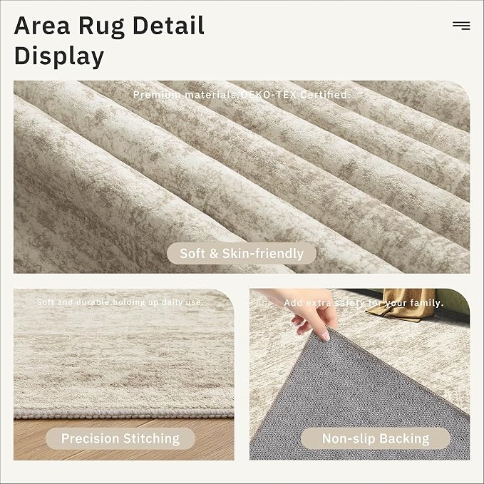Soalmost 5x5 Beige Round Rug 6ft Circle Living Room Area Rugs Non-Slip | - Image 5