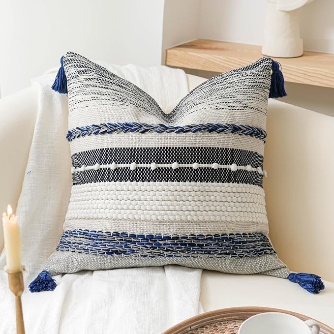 Navy Dark Blue Decorative Throw Pillow Cover 20x20 Square Boho Accent by BlissBlush