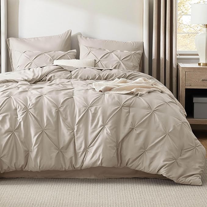 Bedsure Oversized Queen Comforter Set Beige - Bed in a Bag Bedding Set 7 Pieces, GentleSoft™ Pintuck Bed Set Gift for Family, Pinch Pleat All Season Comforter with Sheets, Pillowcases & Shams