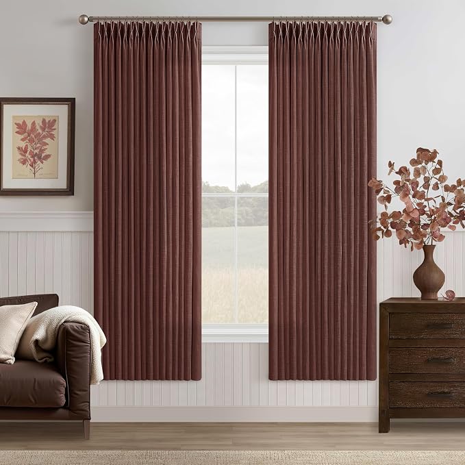 Thick Linen Pleated Chestnut Brown Semi Sheer Curtains by Twodrapes