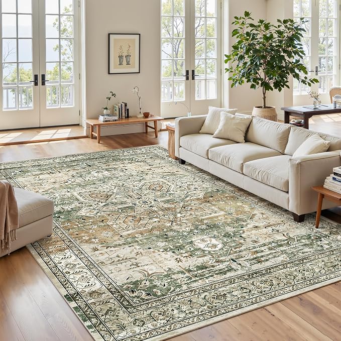 Soalmost 5x7 Area Rug Low Pile Washable Trendy Faded Style Rug, Olive Beige | - Image 2