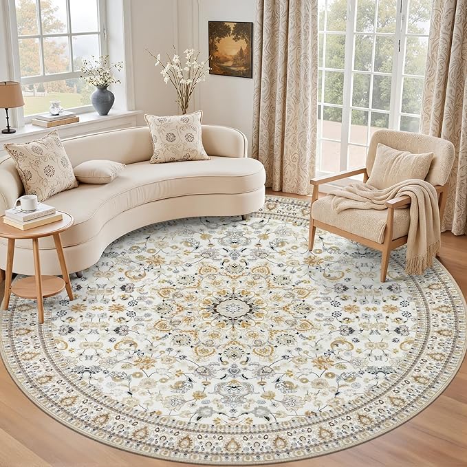 Round Area Rug for Living Room: 6ft Washable Rug for Bedroom Beige | Vintage by EXPEDIX