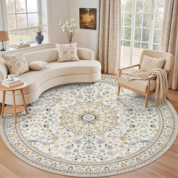 Round Area Rug for Living Room: 8ft Washable Rug for Bedroom Beige | Vintage by EXPEDIX