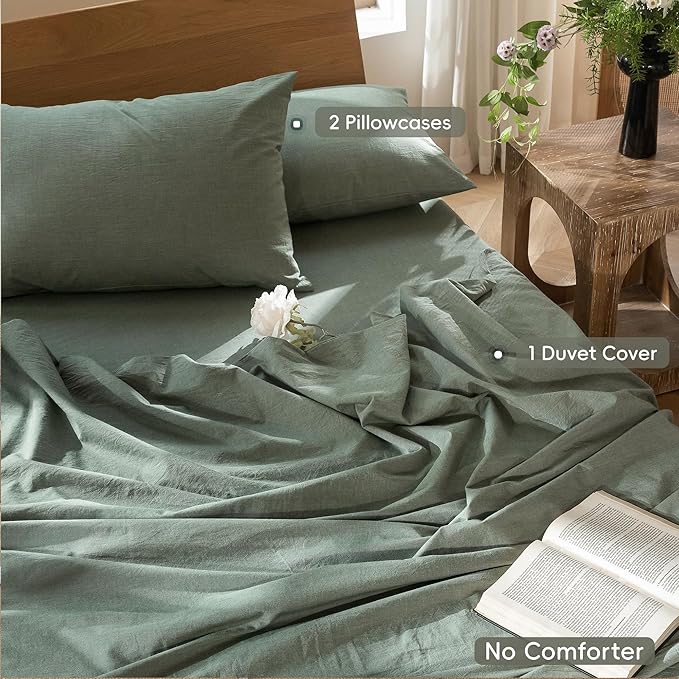 MooMee Bedding Duvet Cover Set 100% Washed Cotton Linen Like Textured Breathable Durable Soft Comfy (Heathered Green, Cal King 104"x98")