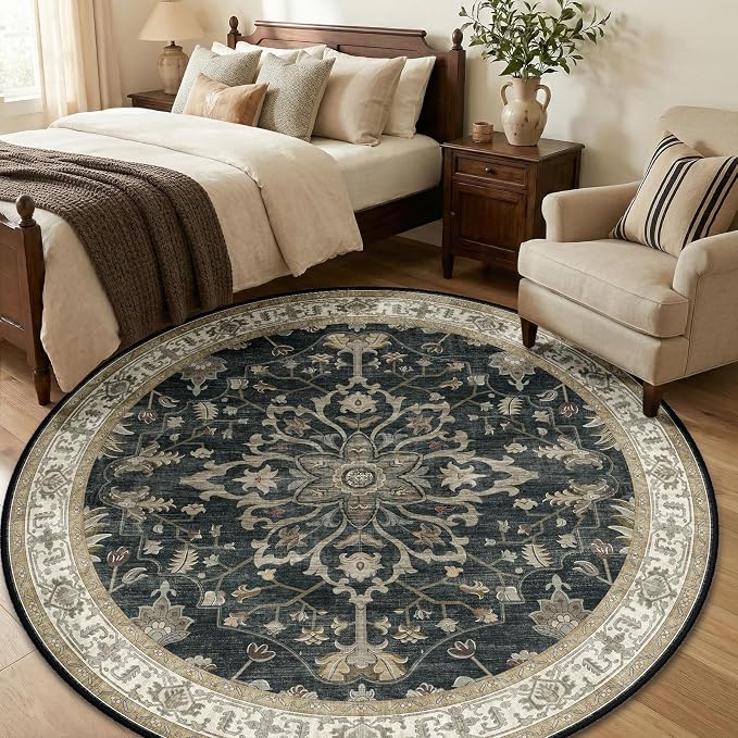 RELEANY Washable Area Rug, Round 6ft, Water Repellent, Pet Friendly, Vintage - Image 2