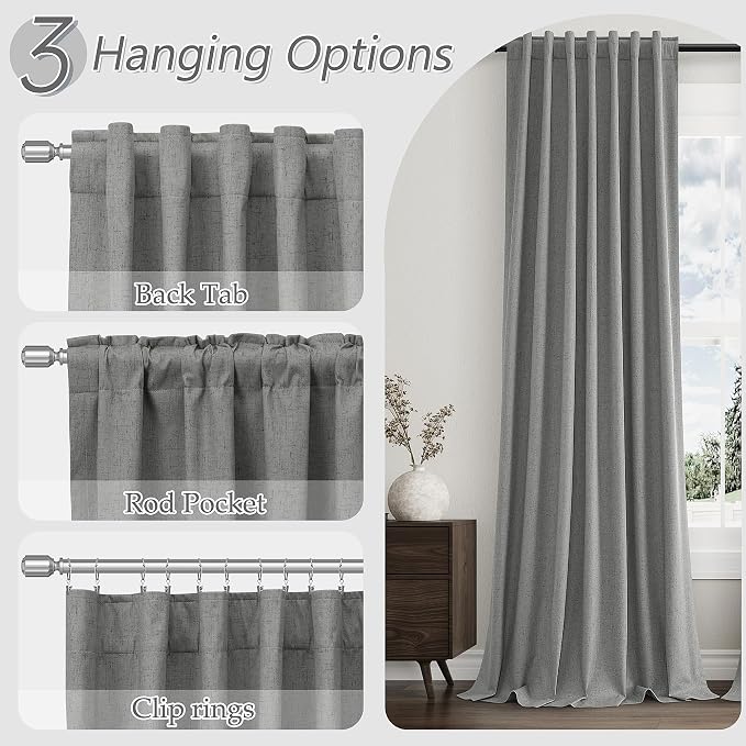Dark Grey 100% Blackout Linen Curtains 63 Inch Length 2 Panels Set - Image 6