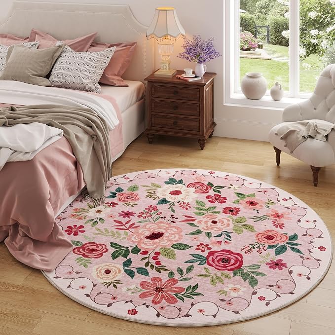 DUKINO 4ft Round Rug, Floral Washable Small Round Area Rug Non Slip, Low Pile - Image 3