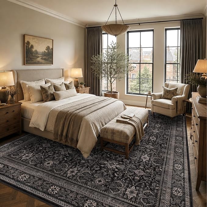 Schweek 10x14 Washable Area Rug Black Neutral Vintage Distressed Dark Rugs | - Image 3