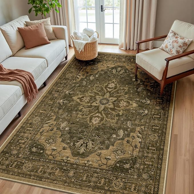 RELEANY Washable Area Rug, Water Repellent, Pet Friendly, Vintage Floral Boho by RELEANY